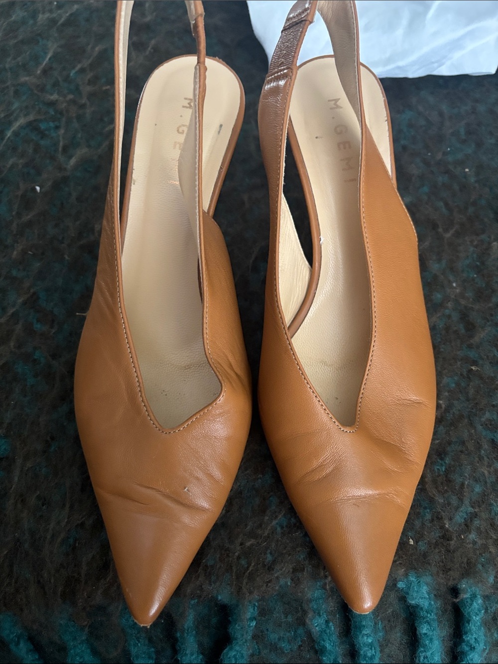M. Gemi Caramel Tan Leather Pointed Slingback Pumps size 38